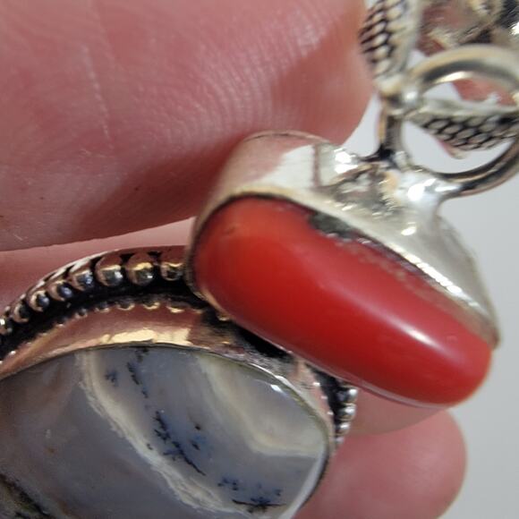 Handcrafted Pendant with Dendritic Agate Coral and Vibrant Mosaic Opal Detail - Picture 9 of 10
